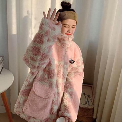 Winter Fleece Cotton Padded Jackets Unisex Streetwear Hip Hop Front Pockets Cow Spot Pattern Color Block Patchwork Thicken Coats