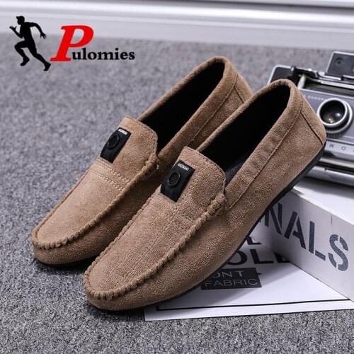PULOMIES Men Casual Leather Loafers Shoes Men Soft Suede Moccasins Flats Driving Shoes Footwear Slip-On Walking Shoes Loafers