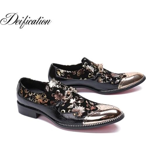 Deification Handmade Italian Leather Men Dress Shoes Gold Flowers Printed Men Loafers Chic Slip on Prom Shoes Men Casual Shoes