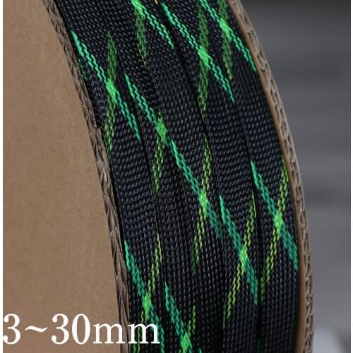 Black+UV Green+UV Yellow Tight High Density PET Braided Wire Sleeve 3 - 30mm Insulated Cable Protection Expandable Line Sheath