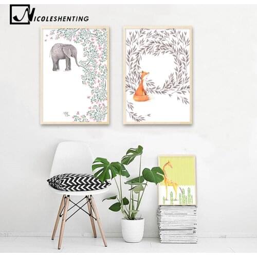 Nordic Art Fox Giraffe Elephant Poster Minimalist Canvas Print Painting Animal Abstract Wall Picture Modern Home Room Decoration