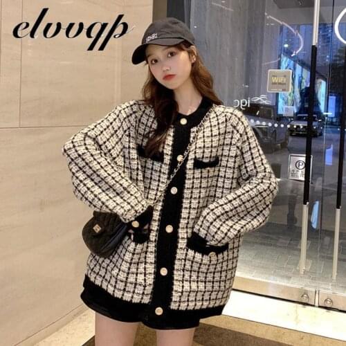 Spring Autumn New Sweater Coat Fashion Retro Shirt Check Long Sleeve Single Breasted Plaid Loose Knit Cardigan Tide Ladies