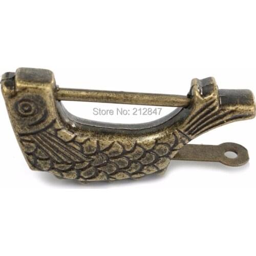 Vintage Chinese Antique Old Style Retro Brass Padlock Jewelry Box Fish Pattern Lock Key for Home Decor Ornaments