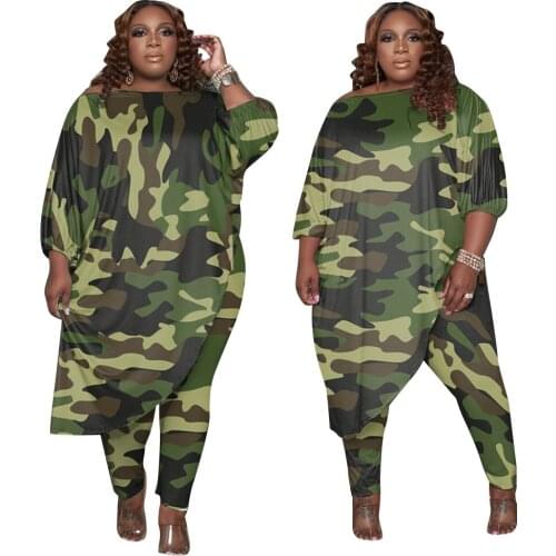 Plus Size 4XL 5XL Women Clothing Two Piece Set Fall Outfits Long Sleeve Top and Pants Sets Camouflage Tracksuit Matching Set