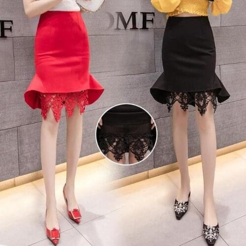 2021 Spring/autumn Sexy Solid Color Bag Hip Mermaid Skirt High Waist Slim Splice Lace Knee-length Skirts for Women S-5XL Y616