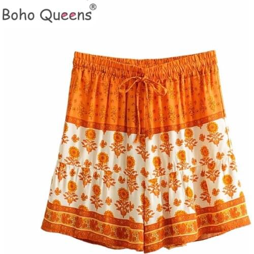 Boho Queens women floral print bohemian happie shorts ladies beach large size elestic waist rayon boho shorts