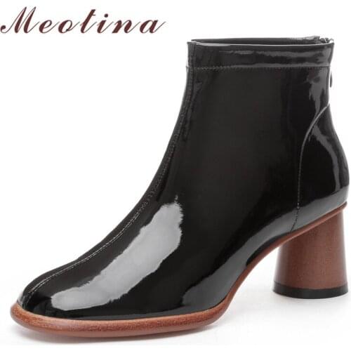 Meotina Winter Ankle Boots Women Natural Genuine Leather Round High Heel Short Boots Cow Patent Leather Zipper Shoes Lady Autumn