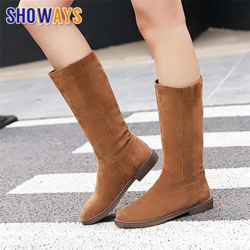 2020 Winter Women Mid-calf Boots Beige Brown Faux Suede Warm Plush Casual Party Lady Low Square Heel Platform Slip-on Half Boots