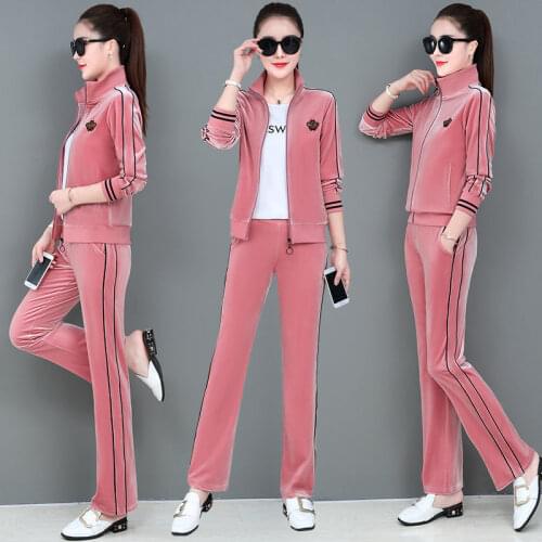 2021 Spring New Velvet Tracksuit Women 3 Piece Sets Casual Zipper Jacket + T-Shirt + Pants Sports Suit Velour Jogging Sweatsuit