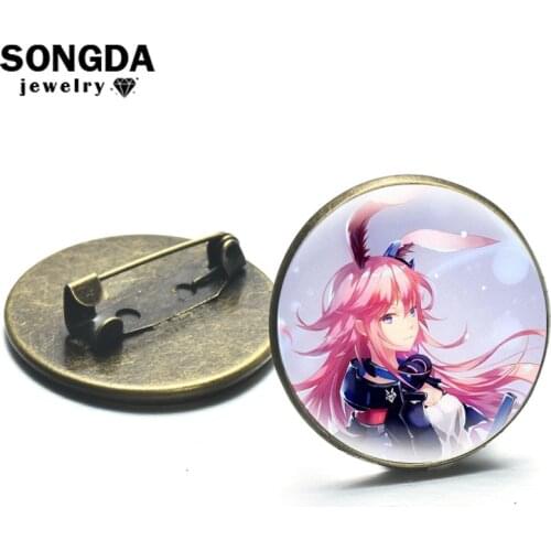 Anime Brooches Honkai Impact 3 Figure Kiana Kaslana Raiden Mei Zaychik Glass Round Metal Lapel Pins Icons Badge Decoration Gifts