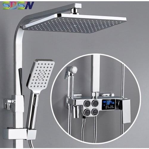 Digital Bathroom Shower Systhem Faucet Hot and Cold Shower Set for Bath Square Shower Head Brass Shower System Bath Shower Set
