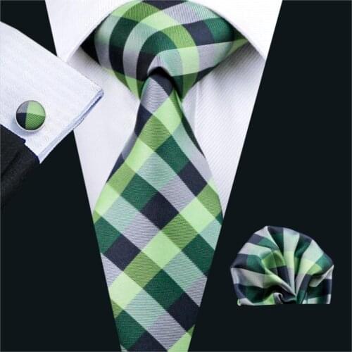 FA-406 Gents Necktie Green Plaid 100% Silk Jacquard Tie Hanky Cufflinks Set Business Wedding Party Ties For Men Free Shipping