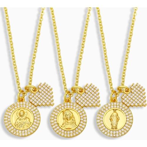 FLOLA Gold Virgin Mary Necklace For Women White Stone Round Jesus Pendant Necklace Wholesale Jewelry virgen de guadalupe nkev03