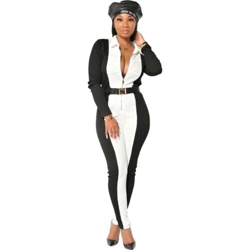 JRRY Casual Women Ribbed Jumpsuits Long Sleeve Turn Down Collar Zippers Rib Bodysuit Print Raised Lines Pattern Outdoor Wear