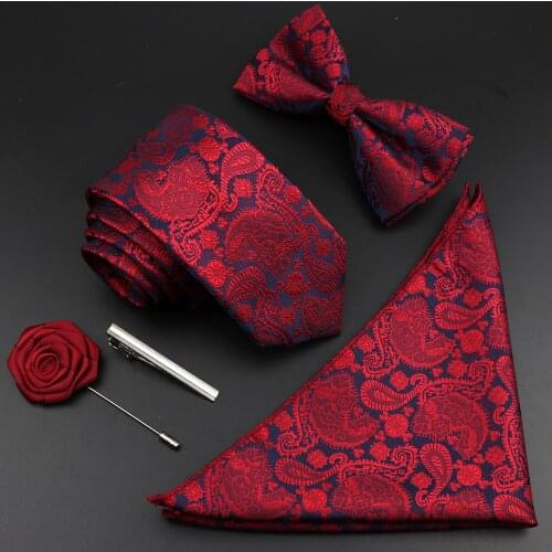 New Solid Color Silk Men Tie Set Polyester Jacquard Woven Necktie Bowtie Suit Vintage Red Blue For Groom Business Wedding Party