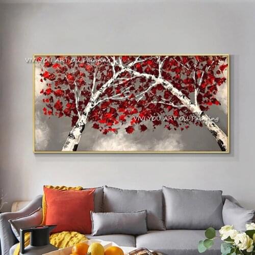 Mintura Hand Painted Red Tree Oil Painting Landscape Wall Paintings Art Canvas Mural Pictures For Living Room Home Decoration