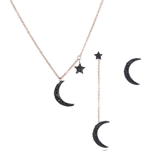 Stainless Steel Asymmetric Black Rhinestone Star Moon Stud Earring Necklace Set Rose Gold Zircon Jewelry Set