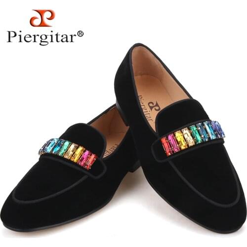 Piergitar new model black velvet men loafers with mixed colors rhinestone fashion party and banquet mens dress shoes plus size