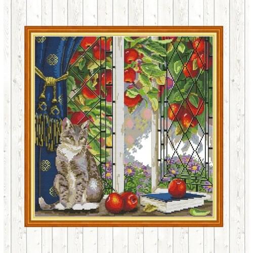 Cat on The Windowsill DMC Cross Stitch Kits Sale DIY Handmade Embroidery Kit Needlework 11ct 14ct Counted Fabric Print on Canvas