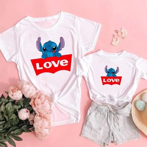 New Fashion Matching Family Look Lilo Stitch Cartoon Printed Mommy And Me Cute Kawaii Tshirts Summer Short Sleeve Kids Boys Tops