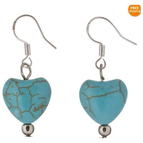 New Classic Favorite Pearl Store S925 Sterling Silver Blue Love Heart Turquoise Dangle Earrings Birthday Party Lady Gift