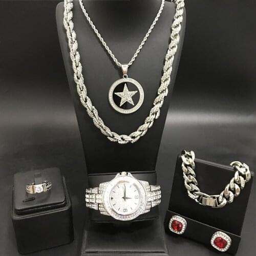 Luxury Men Silver Color Watch & Neckalce & Braclete & Ring & Earrings Combo Watch Set Ice Out Cuban Hip Hop Neckalce For Men