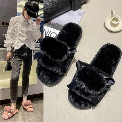 Flats Soft Plush Shallow Slides Flip Flops 2021 Autumn Winter Luxury Warm Fur Slippers New Sweet Fashion Casual Women Shoes Lady