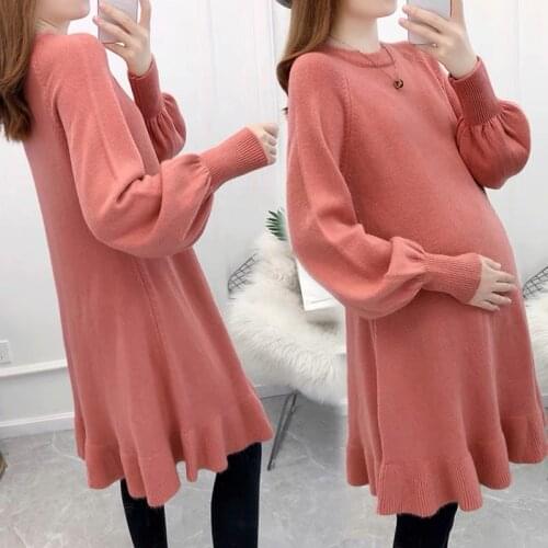 Warm Knitted Maternity Sweater Dress Elasticity Autumn Long Sleeve Maternity Clothes For Pregnant Women Fashion Pregnancy Dress