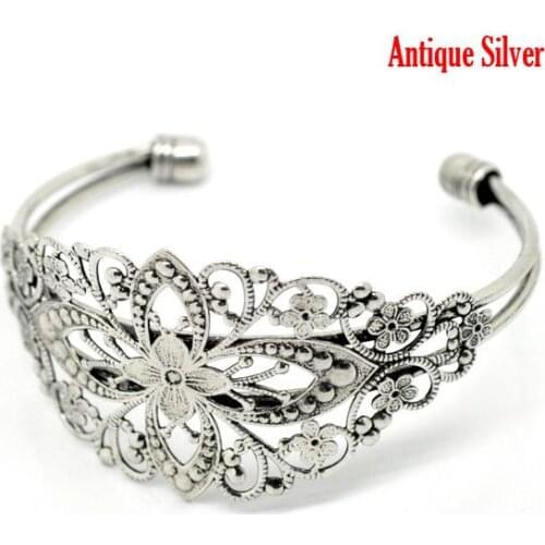 DoreenBeads Vintage Silver Color Filigree Flower Bangles Bracelet 16.5cm(6-1/2"),sold per pack of 4