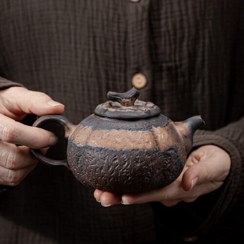 Japanese style gilt iron glaze persimmon teapot pottery Kung Fu tea set teapot single pot coarse pottery retro