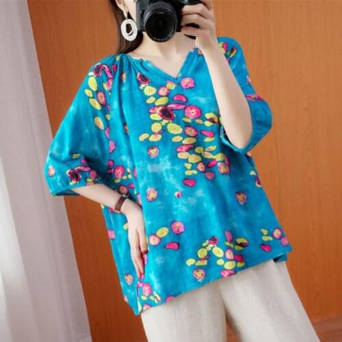 Women Summer Loose Casual T-shirts New Arrival 2021 Vintage Style V-neck Floral Print Female Cotton Linen Tops Tees S3654