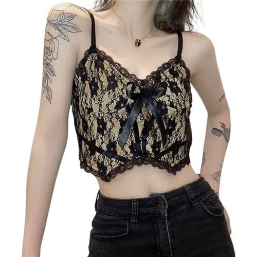 Sexy Summer Women Club Beach Blusas Floral Lace Trim Hollow Spaghetti Strap V Neck Crop Top Bow Backless Zipper Sling Vest Camis