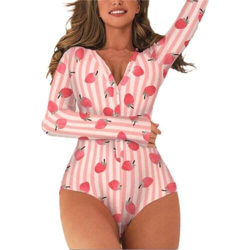 Strawberry Print Sexy Bodysuits Playsuits Female Pajamas Clubwear Pijama Sleepwear Short Jumpsuit Nightwear Plus Size