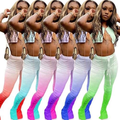 Women Two Piece Set Sleeveless Lace Up Crop Top Gradient Stacked Bell Bottom Flare Jogger Night Club Suit Tracksuit Matching Set