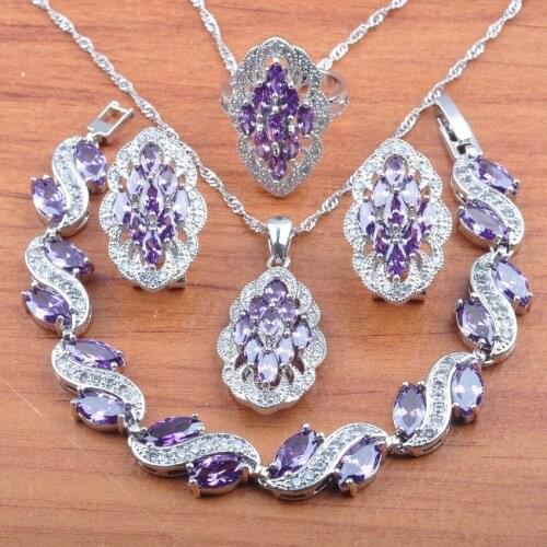High Quality Silver Color Jewelry Sets For Women Purple Crystal Earrings Necklace Pendant Rings Bracelet Set JS0506