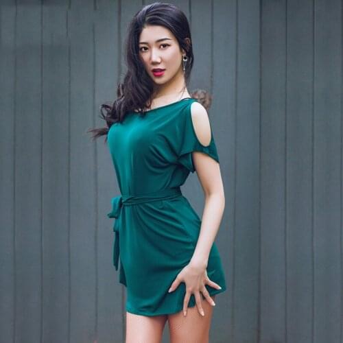 Women Latin Dance Dress Adult Loose Practice Clothes Open-Shoulder Bat-Sleeve Short-Sleeved Dress Latin Dance Clothes DN9212