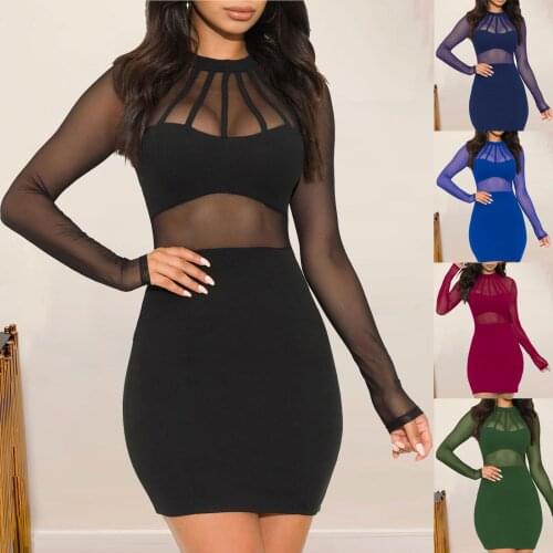 Sexy Women Slim Round Neck Dress Long Sleeve Net Yarn Stitching Hollow Dress kawaii harajuku classic clothes платье 2021