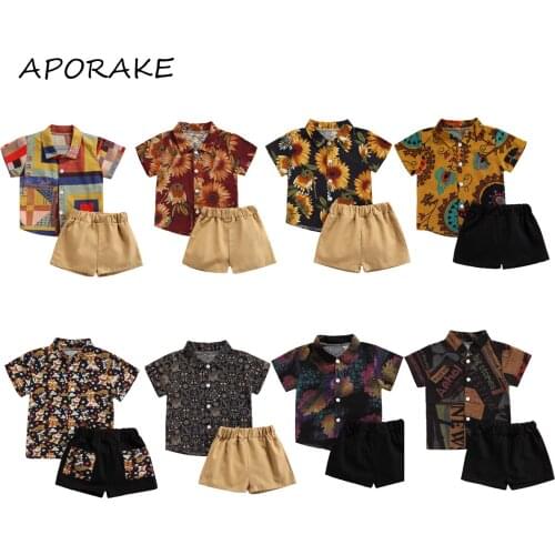 2021 0-5Y Gentleman Boys Clothing Summer Toddlers Geometric/Floral/Animal Printing Short Sleeve Lapel Tops Shirt+Shorts 2pcs Set