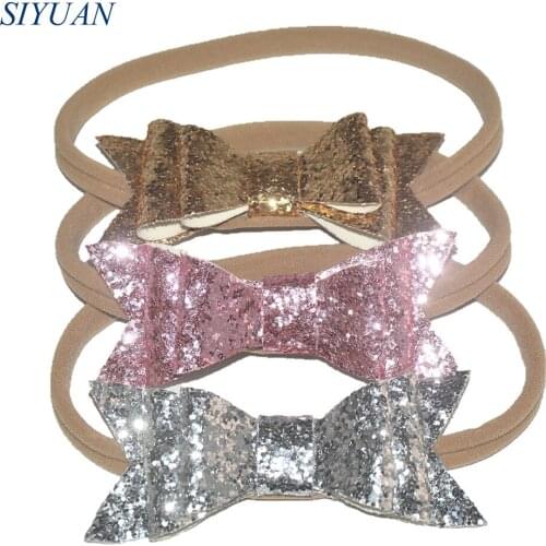 36pcs/lot Size 10*4cm Bling Bling Sequin PU Bow with Nylon Headband Birthday Gift Photography Props FD244