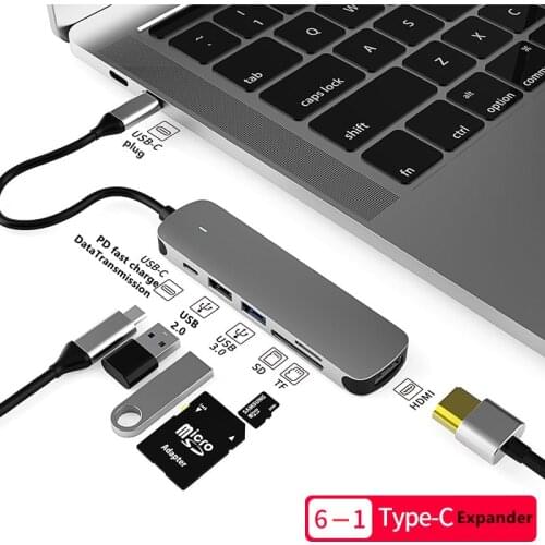 6-in-1 USB /Type C to HDMI / USB /TF/SD adapter Type C HUB base, suitable for computer games/mobile phone distribution connector