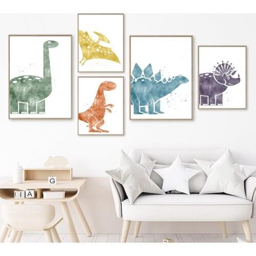 Watercolor Dinosaur Nursery Cartoon Animal Wall Art Canvas Painting Nordic Posters And Prints Wall Pictures Baby Kids Room Decor