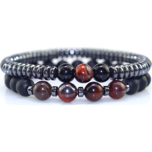 Hot Natural Red Tiger eye Stone Beads Bracelet Hematite stone elastic bracelet 2PCS/set For Man woman Fashion Jewelry Gift