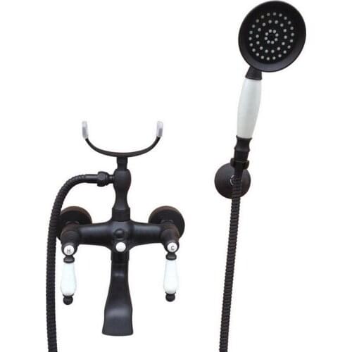 Black Oil Rubbed Brass Double Ceramic Handles Wall Mounted Claw Foot Bathroom Tub Faucet Mixer Tap With Handshower mtf615