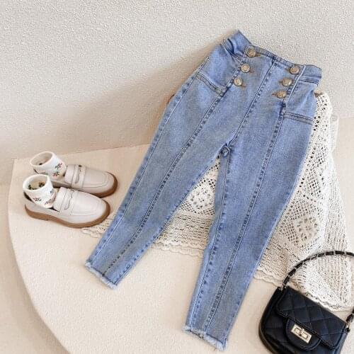 Spring Autumn Girls Denim Pants Baby Trousers Kids Jeans Children Pants Back Streychable Medal Gold Button 4-14 girls clothes