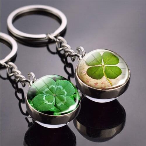 Handmade Double Side Glass Ball Keykeychain Lucky Clover Pendant Keyring for Daughters Girlfriend Gifts