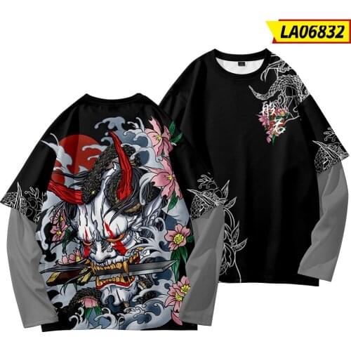 High Quality Mens Long Sleeve Casual O Neck Black Print T-Shirt 2021 Autumn Spring Fashion Fake Two Pieces Tshirt Oversize 6XL