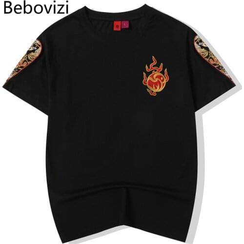 Chinese Style Men Streetwear Harajuku T-Shirt Dragon Embroidery Tshirt 2021 Summer Japan Short Sleeve T Shirt Cotton Casual