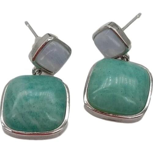 YYGEM geometric Natural Square Green Amazonite Blue Chalcedony white gold filled stud Earrings
