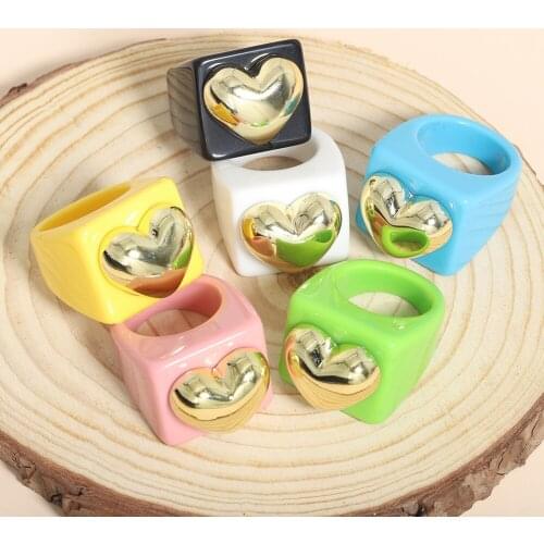 Dvacaman Trendy Golden Bead Heart Geometric Square Rings Candy Color Acrylic Resin Big Rings for Women Girls Party Jewelry Gifts