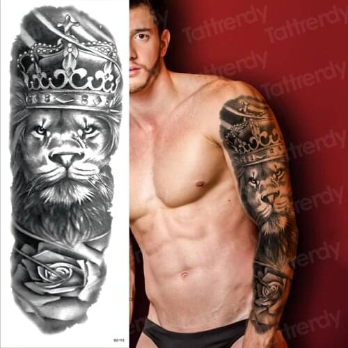 Men temporary tattoo full arm sleeve temporary lion tattoos large king tattoo long sleeve sexy fake tatoo boys waterproof black